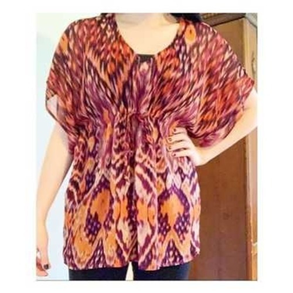 Cabi Ikat Print Sheer Kimono Tunic Top Blouse Orange Drawstring Tie - Size M